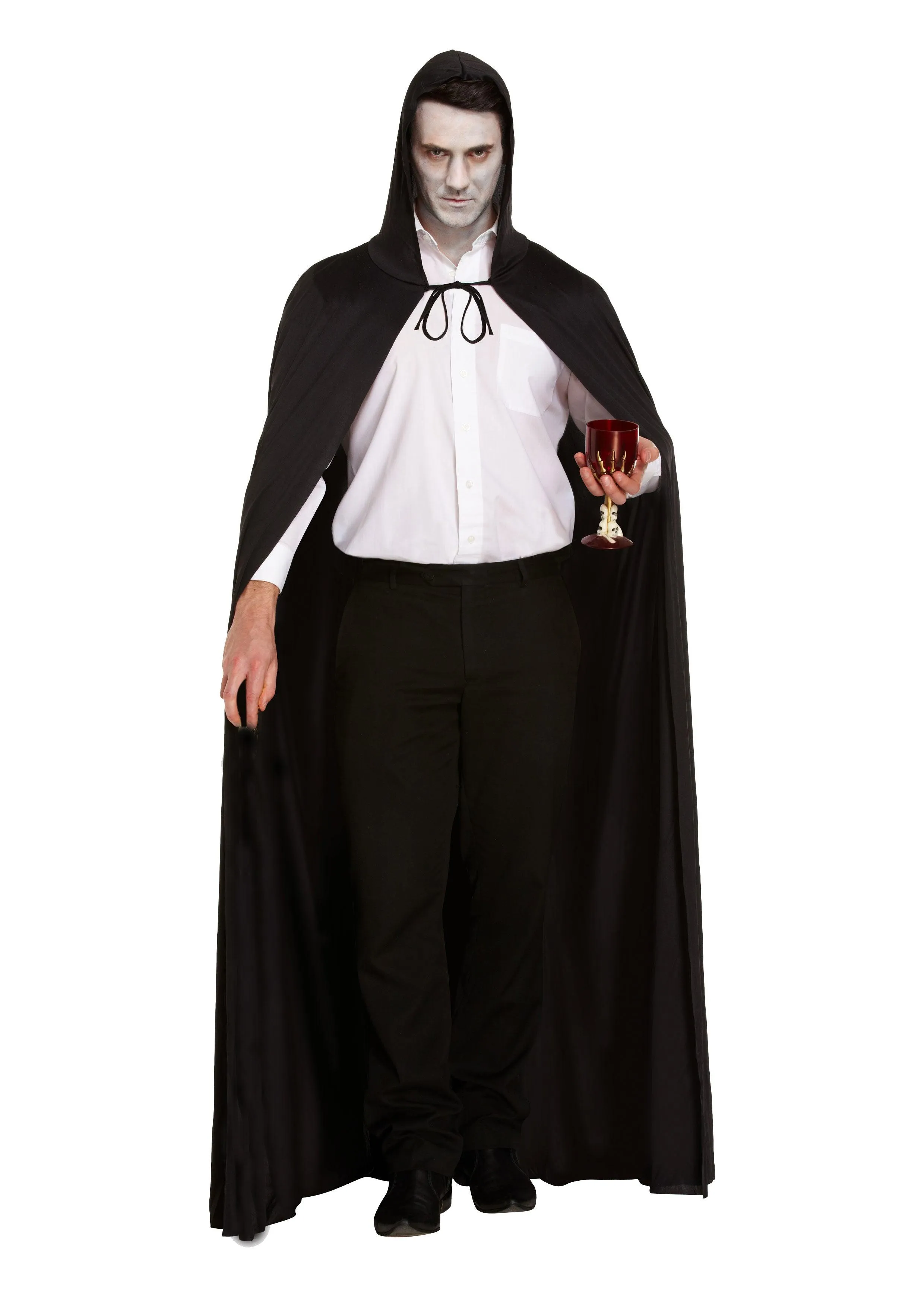 Terror in the Kitchen Costume Set: Long Black Cape, Hood, Skeleton Face Mask, and Fake Bloodied Kitchen Knife