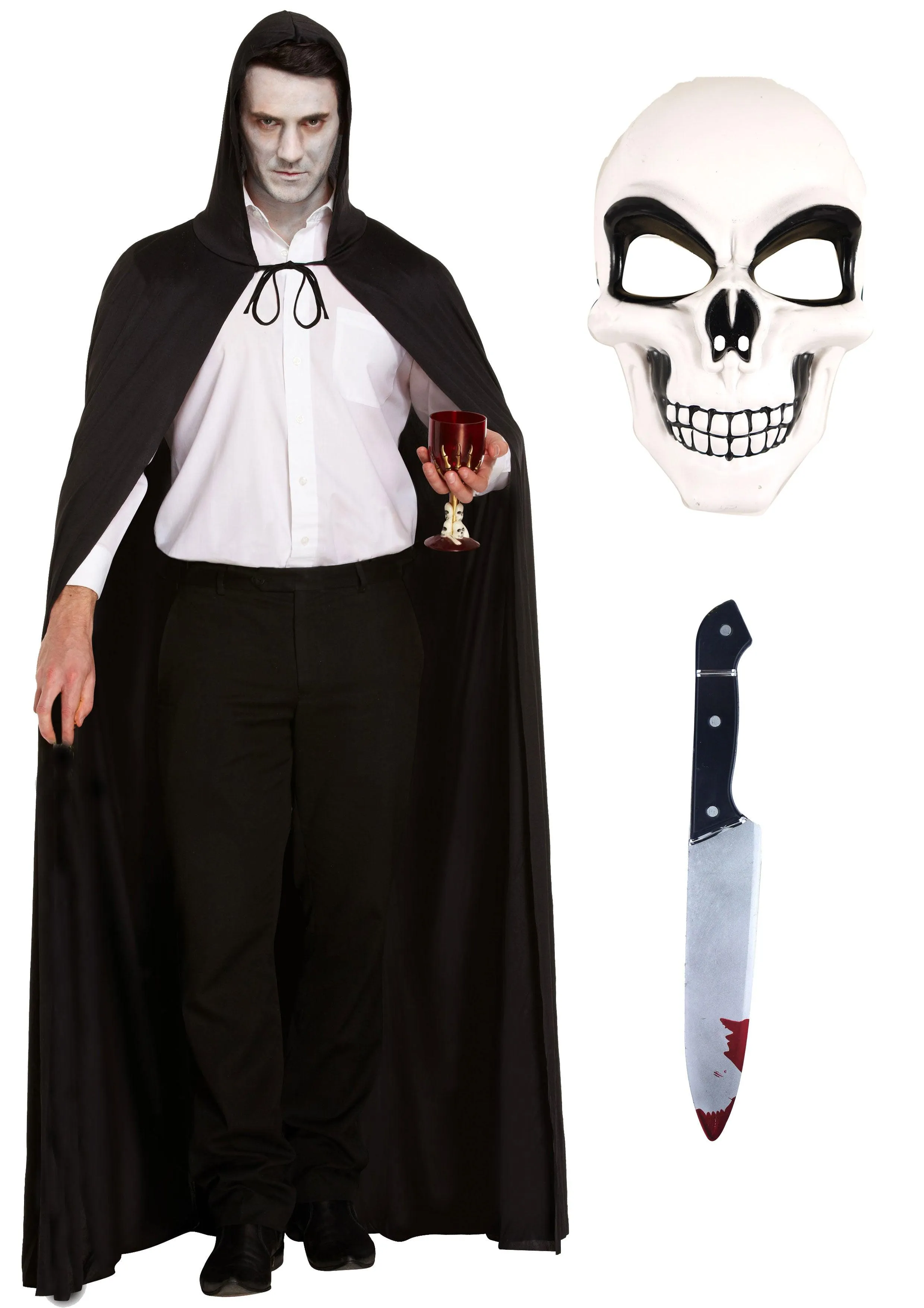 Terror Unveiled Costume Set: Long Black Cape, Hood, White Skeleton Mask, and Fake Bloody Knife