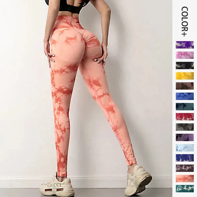 Tie Dye Printed Leggings for Women Push Up Sports Fitness Yoga Pants High Waist Seamless Slim Leggings