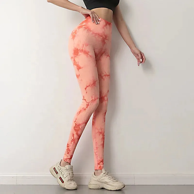 Tie Dye Printed Leggings for Women Push Up Sports Fitness Yoga Pants High Waist Seamless Slim Leggings