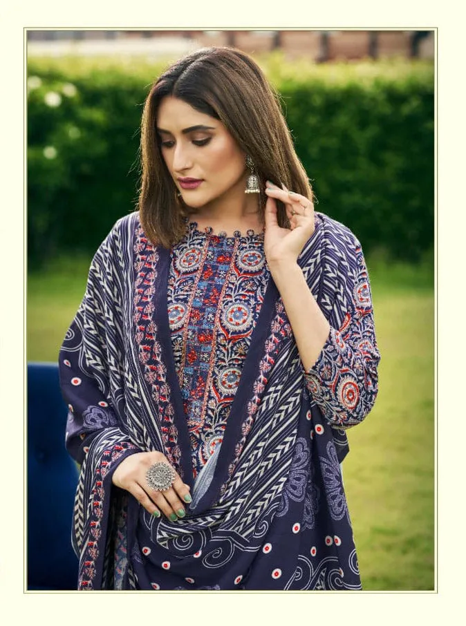 Unstiched Blue Winter Pashmina Woolen Suits for Ladies