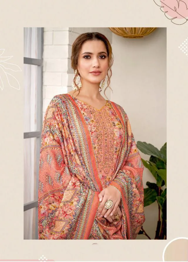 Unstitched Pashmina With Embroidery Peach Winter Suit