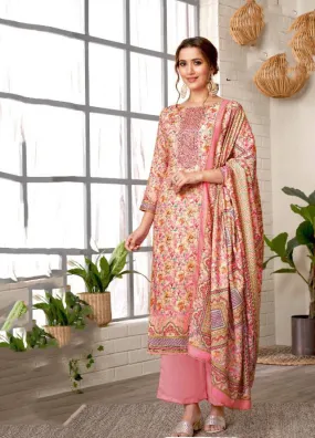 Unstitched Pashmina With Embroidery Pink Winter Suit