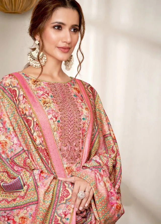 Unstitched Pashmina With Embroidery Pink Winter Suit