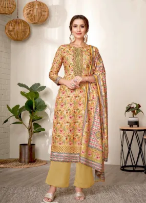 Unstitched Pashmina With Embroidery Yellow Winter Suit