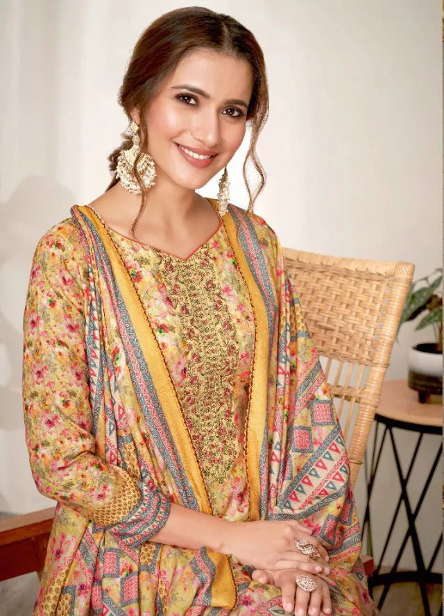 Unstitched Pashmina With Embroidery Yellow Winter Suit