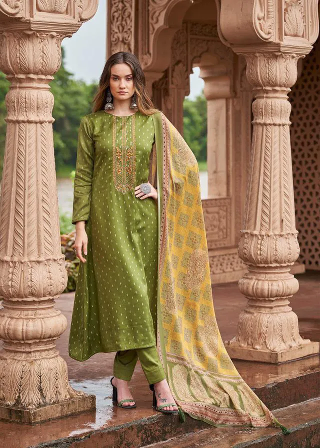 Unstitched Winter Woollen Light Green Pashmina Suits Materials