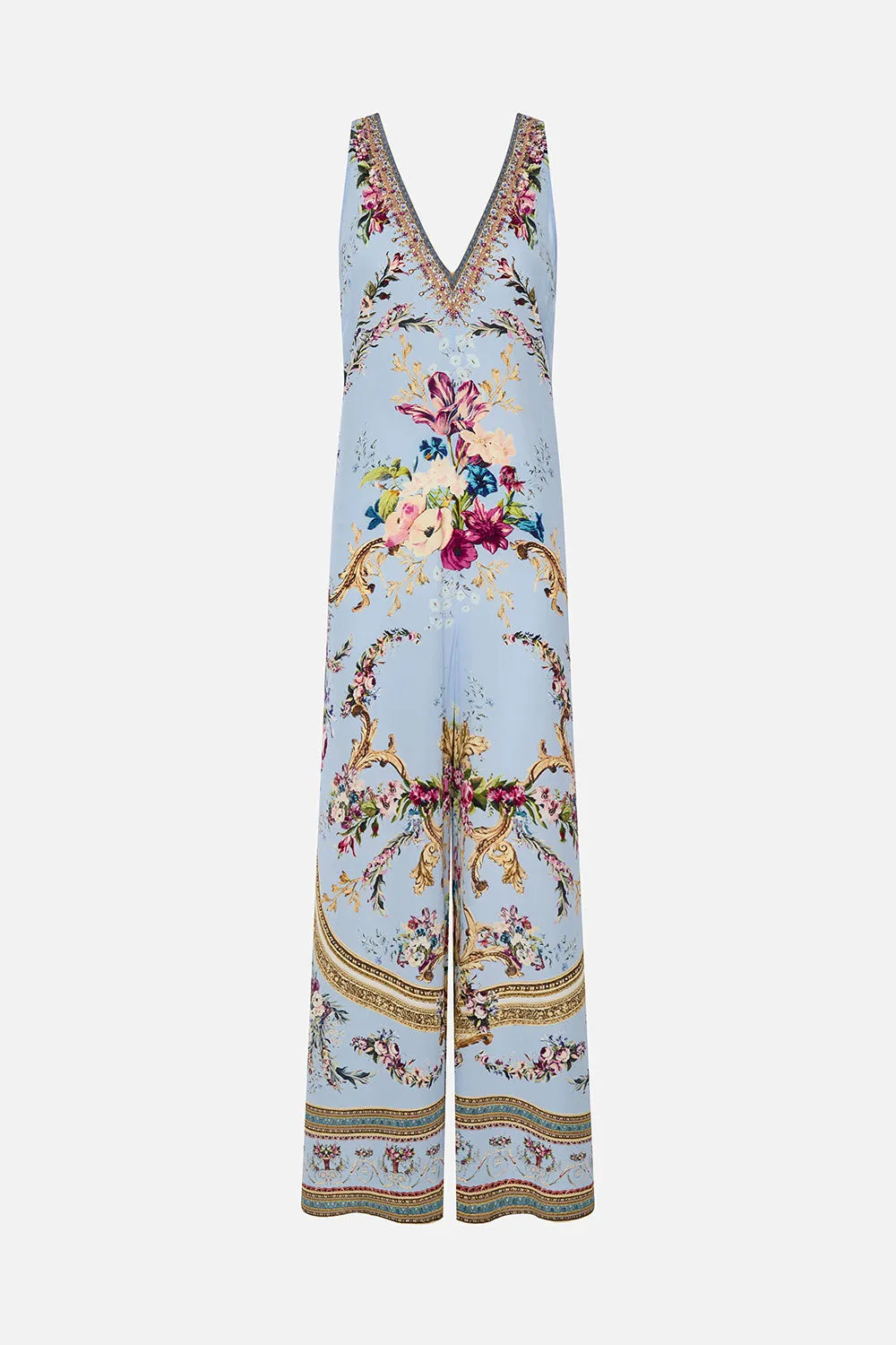 V NECK FLARED JUMPSUIT FLORAFUL