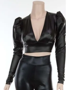 Vegan Leather Long Sleeve Crop Top