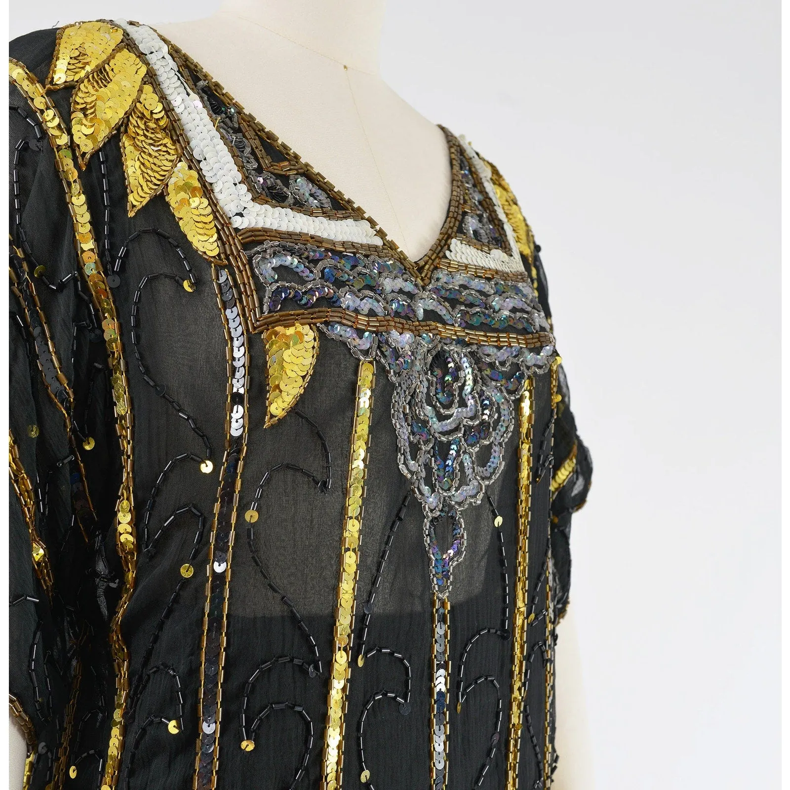 Vintage 80s Black Beaded Top Sheer Silk Art Deco Evening Sequin Blouse S M