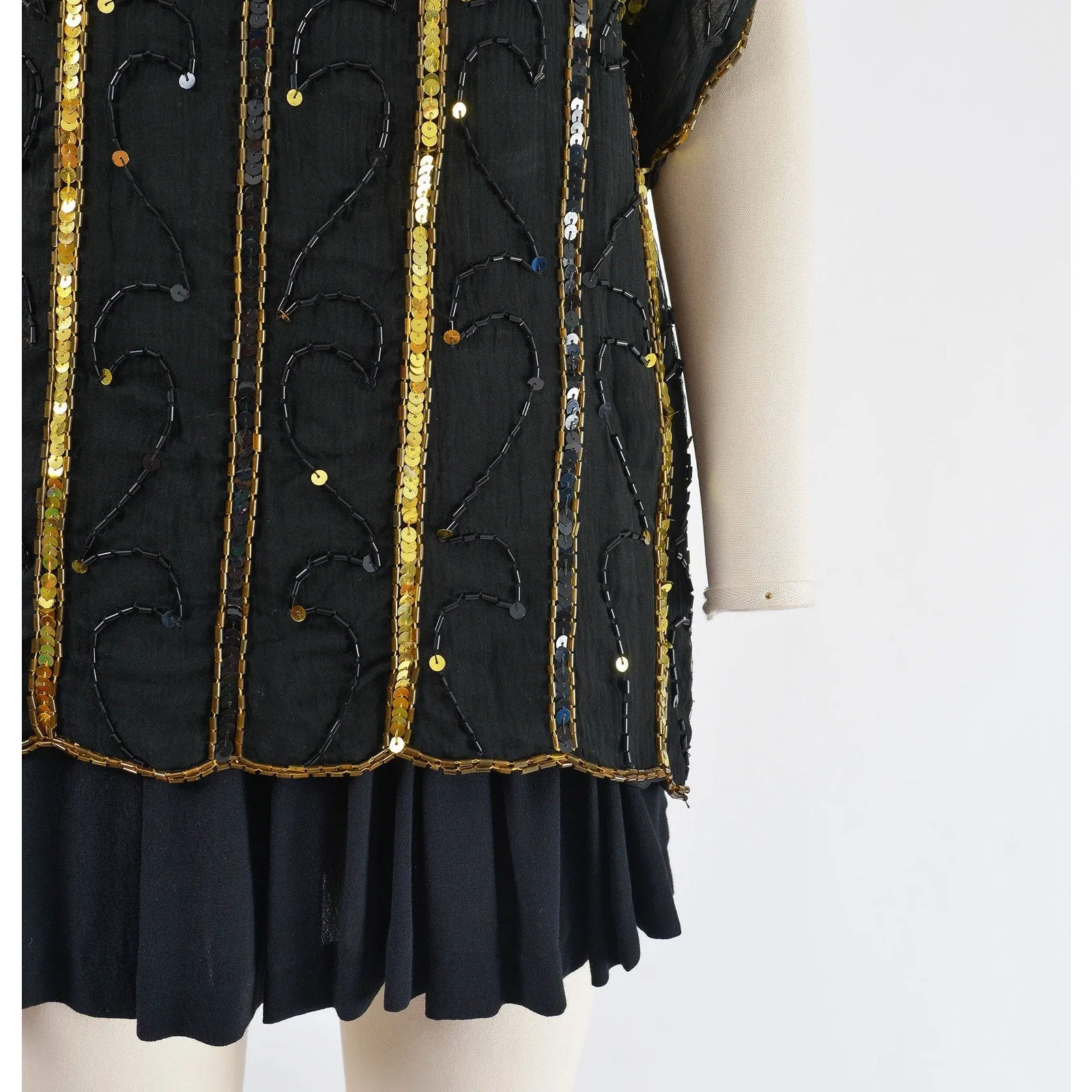 Vintage 80s Black Beaded Top Sheer Silk Art Deco Evening Sequin Blouse S M