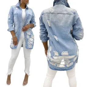 Women fashion turn-down collar hollow denim coats & jackets