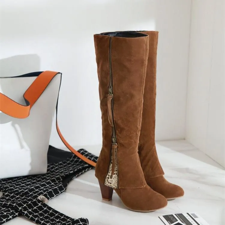 Women new fashion side zipper chunky heel knee high boots