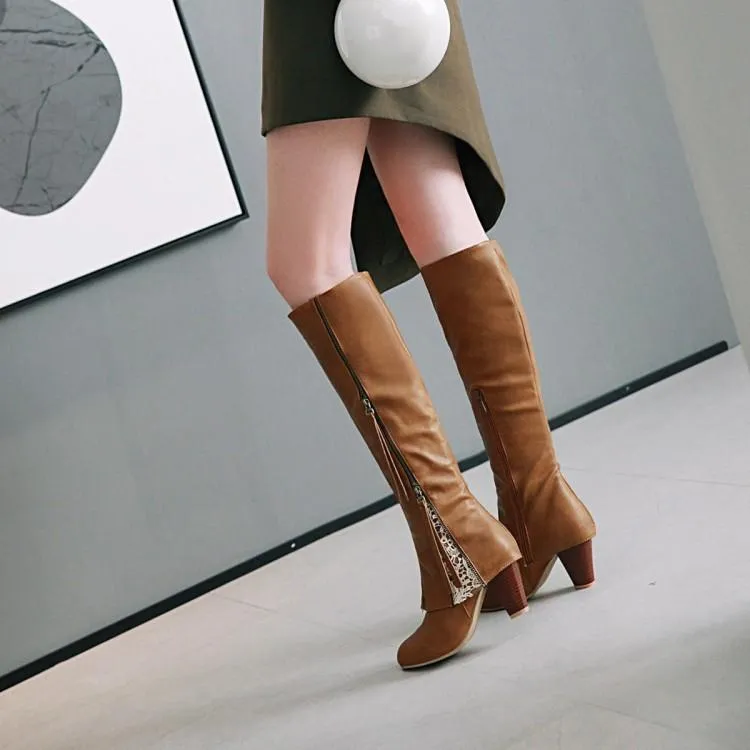 Women new fashion side zipper chunky heel knee high boots