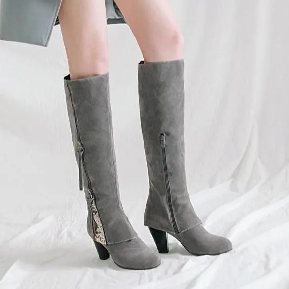 Women new fashion side zipper chunky heel knee high boots