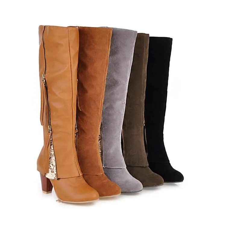 Women new fashion side zipper chunky heel knee high boots