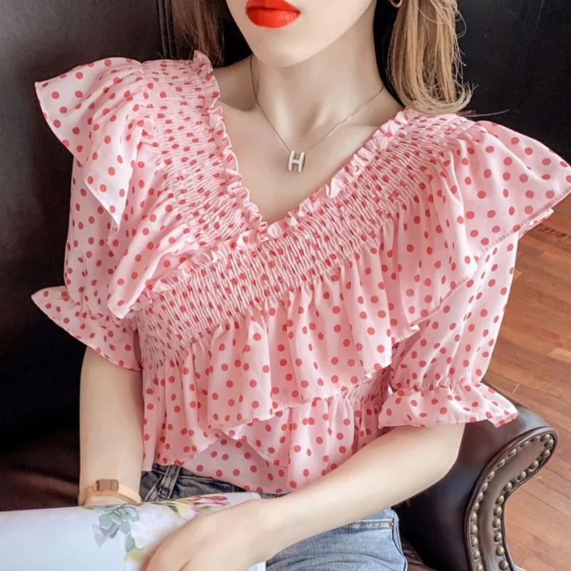 Women Summer New Fashion Polka Dot Printing V-neck Puff Sleeve Casual Blouse - WSB8559