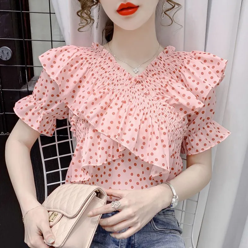 Women Summer New Fashion Polka Dot Printing V-neck Puff Sleeve Casual Blouse - WSB8559