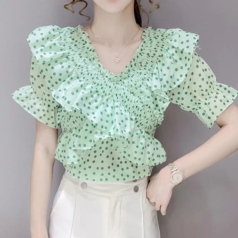 Women Summer New Fashion Polka Dot Printing V-neck Puff Sleeve Casual Blouse - WSB8559