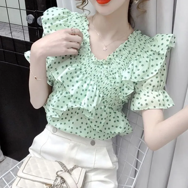 Women Summer New Fashion Polka Dot Printing V-neck Puff Sleeve Casual Blouse - WSB8559