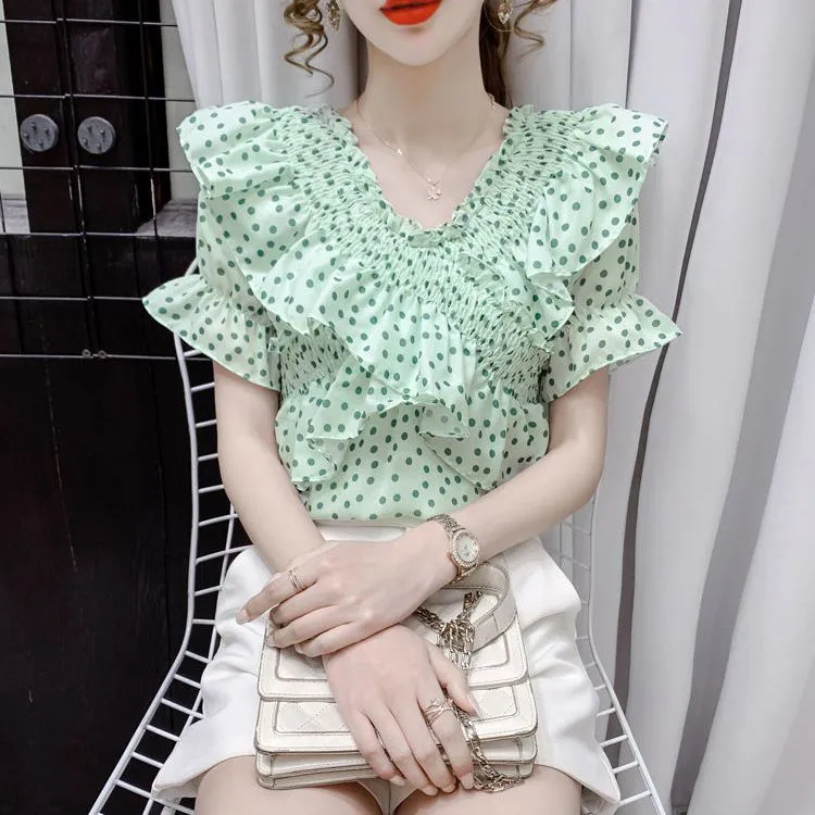 Women Summer New Fashion Polka Dot Printing V-neck Puff Sleeve Casual Blouse - WSB8559