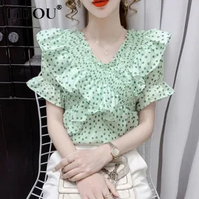 Women Summer New Fashion Polka Dot Printing V-neck Puff Sleeve Casual Blouse - WSB8559