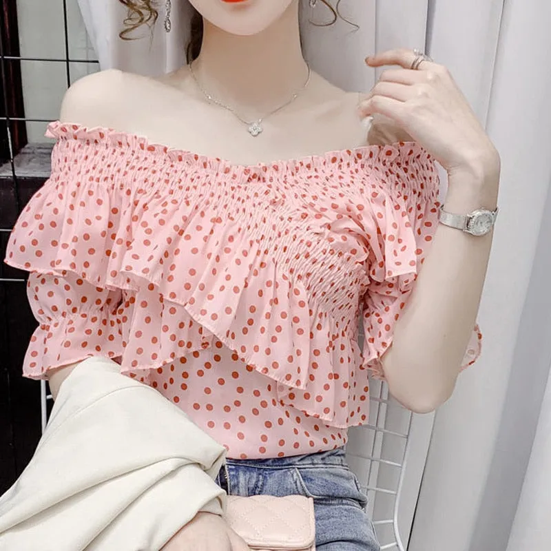 Women Summer New Fashion Polka Dot Printing V-neck Puff Sleeve Casual Blouse - WSB8559