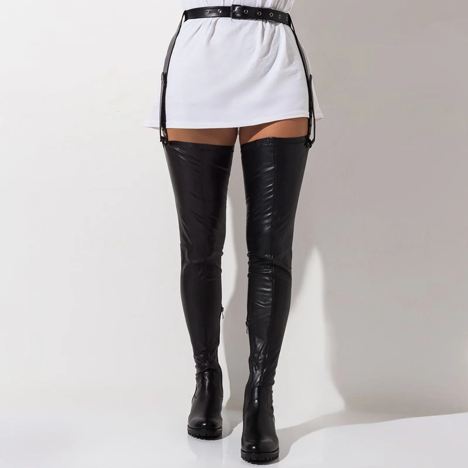 Women waist belt chunky heel black thigh high boots