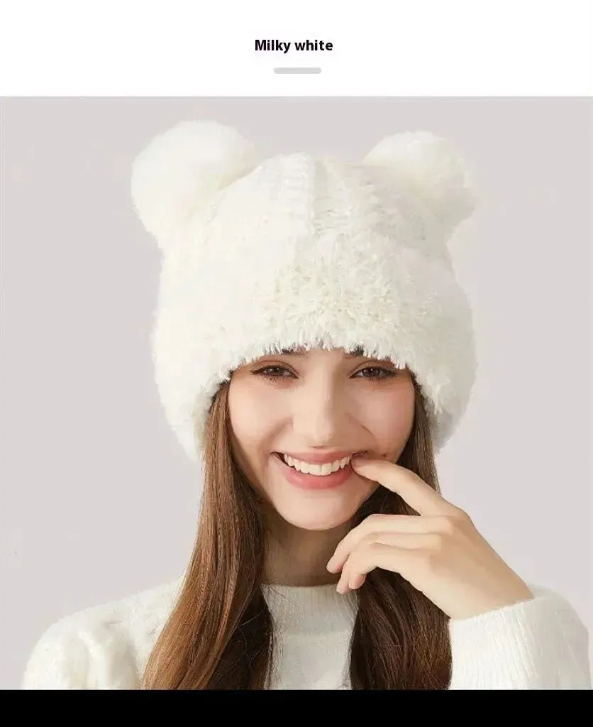 Women Winter Cute Fur Ball Knitted Beanie Hat Outdoor