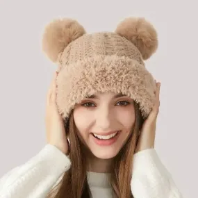 Women Winter Cute Fur Ball Knitted Beanie Hat Outdoor