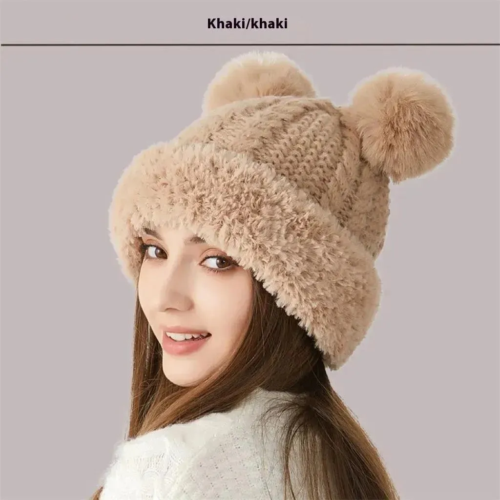 Women Winter Cute Fur Ball Knitted Beanie Hat Outdoor