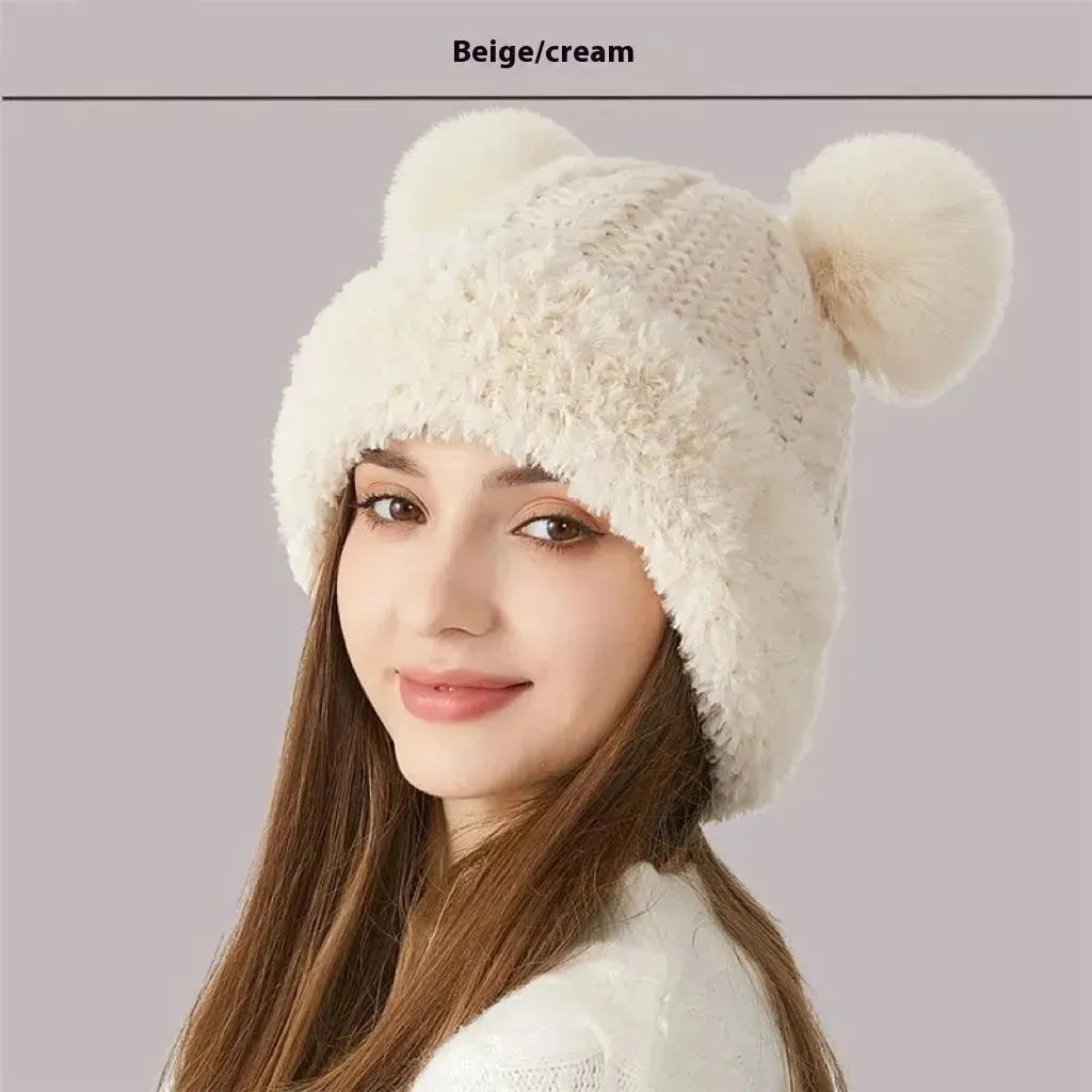 Women Winter Cute Fur Ball Knitted Beanie Hat Outdoor