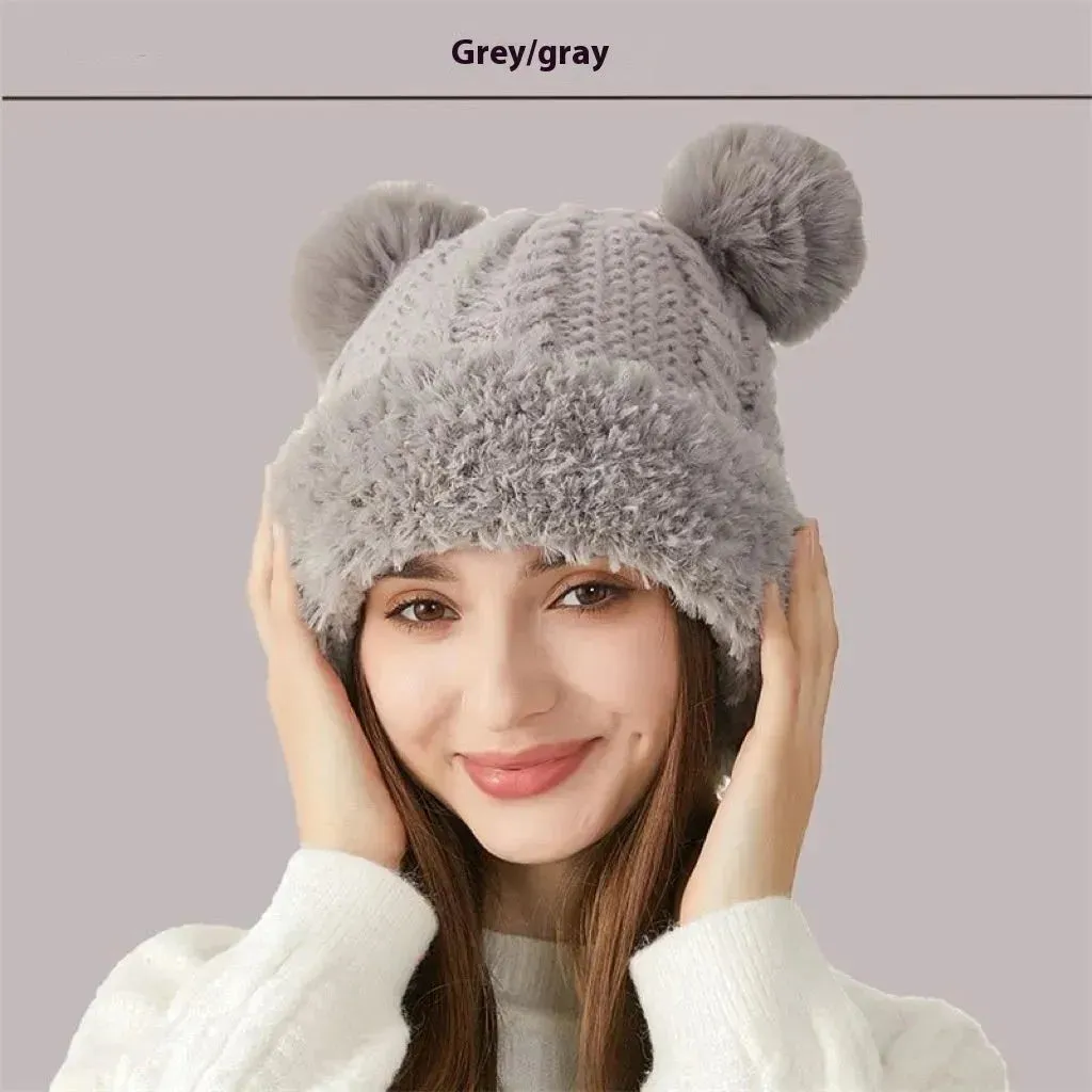 Women Winter Cute Fur Ball Knitted Beanie Hat Outdoor