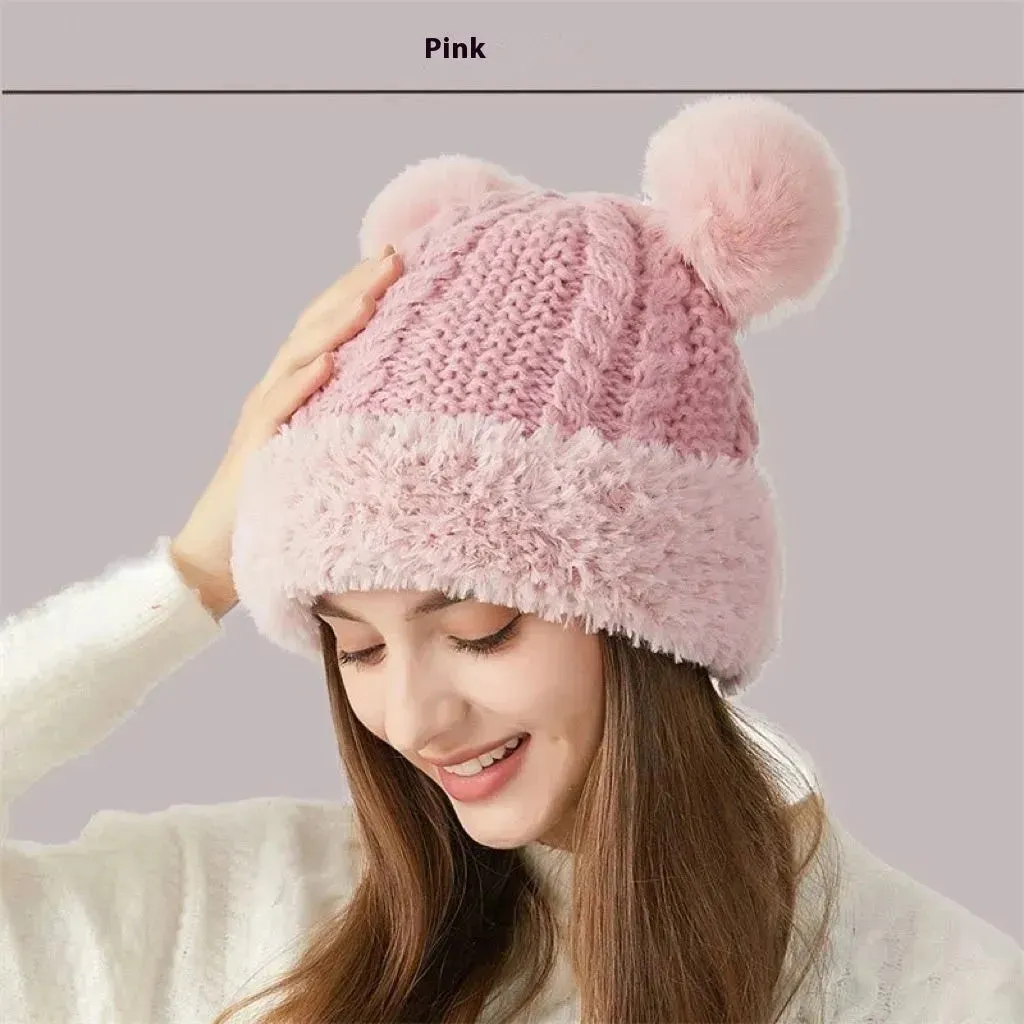 Women Winter Cute Fur Ball Knitted Beanie Hat Outdoor