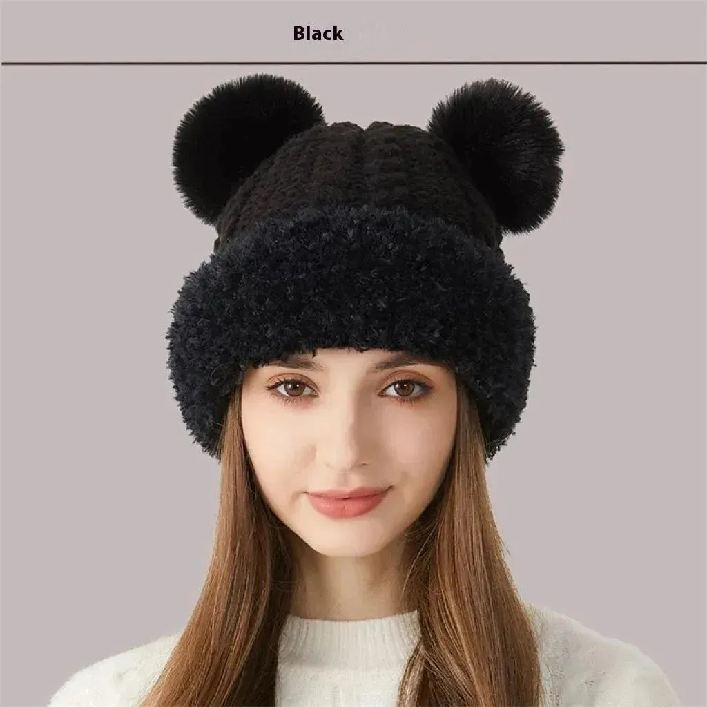 Women Winter Cute Fur Ball Knitted Beanie Hat Outdoor