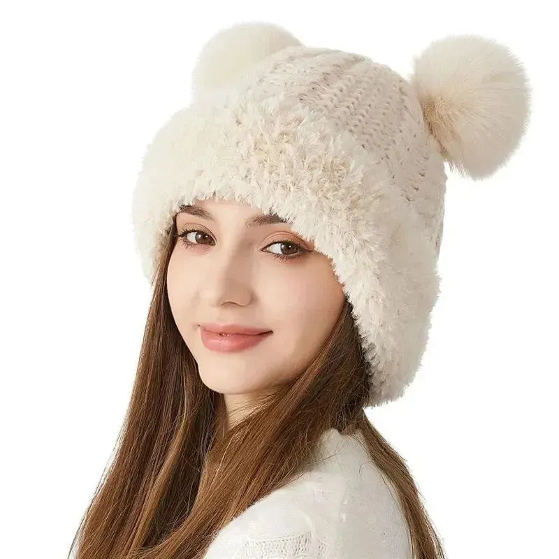 Women Winter Cute Fur Ball Knitted Beanie Hat Outdoor