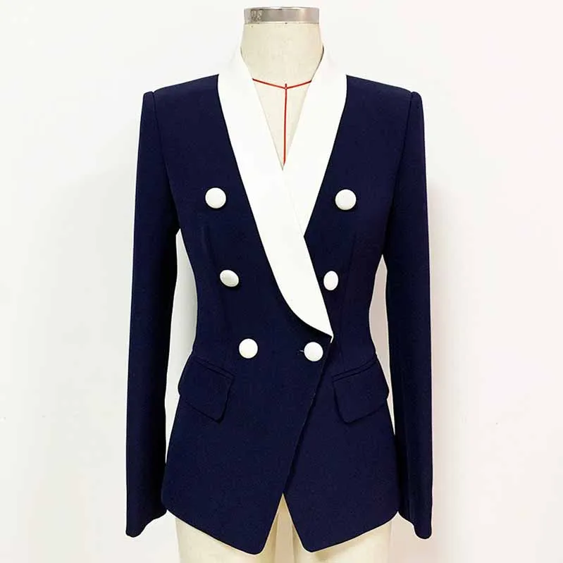 Women's Shawl Collar Fitted Blazer Lion Buttons Dark Navy