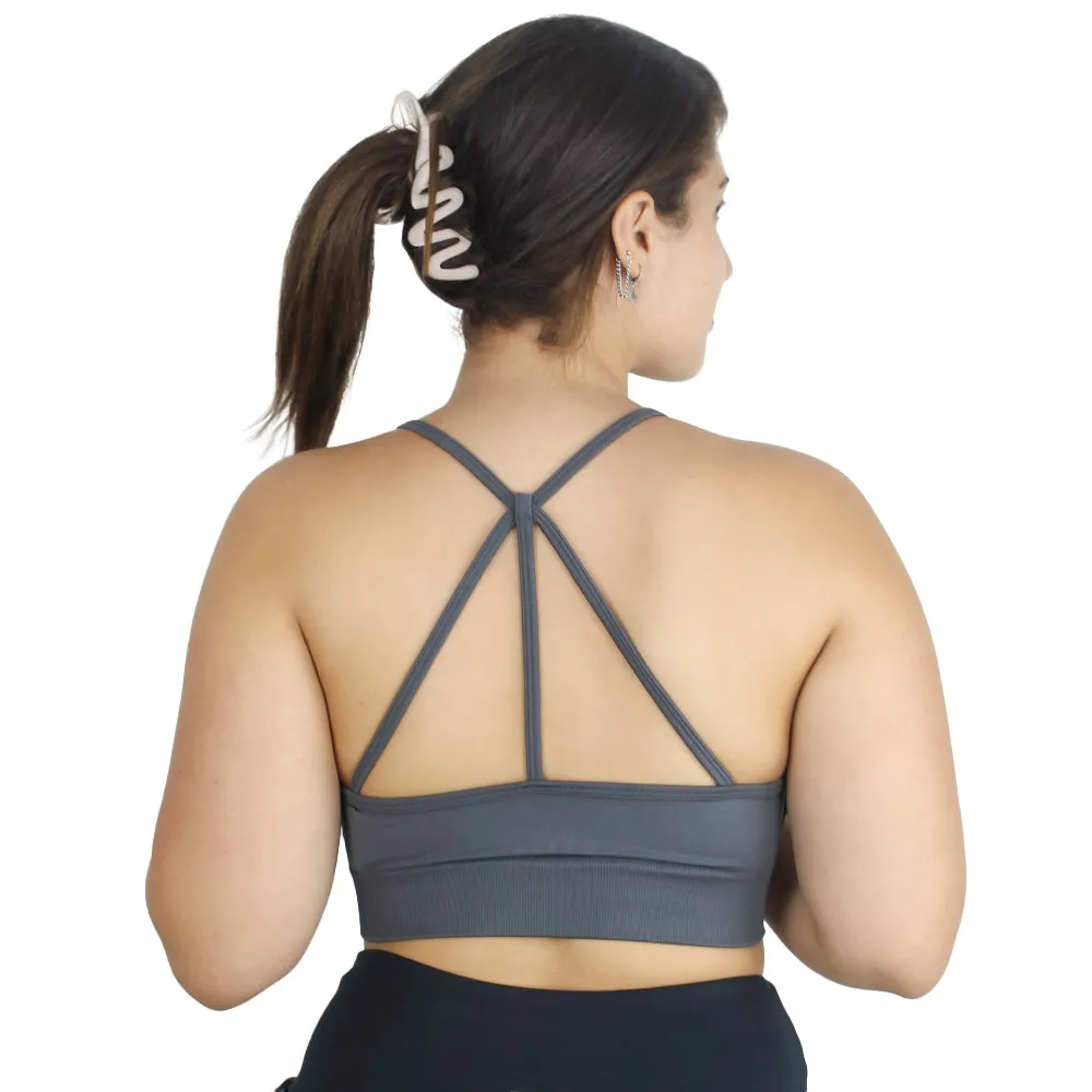 Women's Strappy Back Scoop Neck Sport Bra,Dark Grey