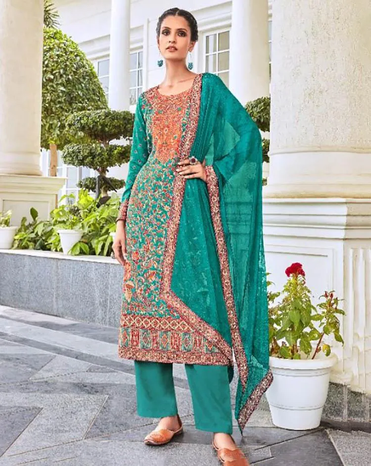 Woolen Pashmina Green Winter Unstitched Suit With Dupatta