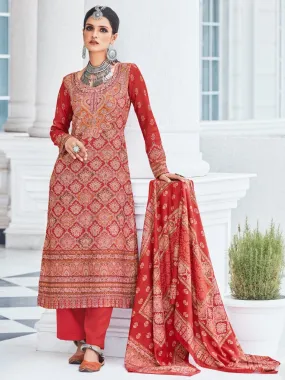 Woolen Pashmina Printed Unstitched Red Winter Suits