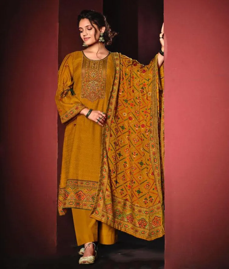 Woolen Pashmina Yellow Winter Unstitched Suits With shawl