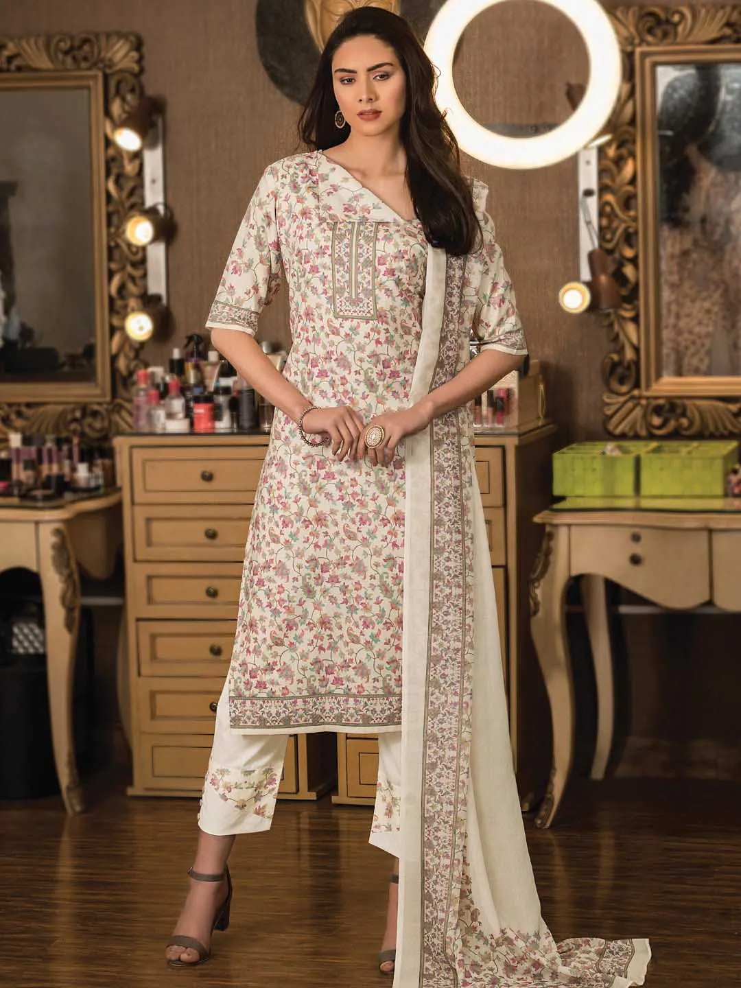 Woolen Printed Unstitched Cream Winter Pashmina Suits for Women