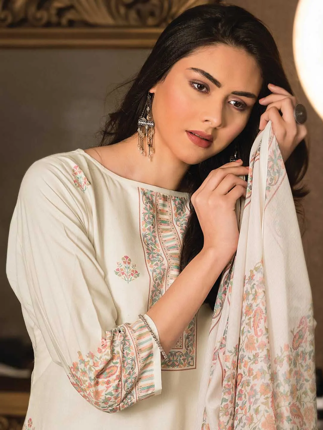 Woolen Unstitched Cream Winter Pashmina Printed Suits Materials