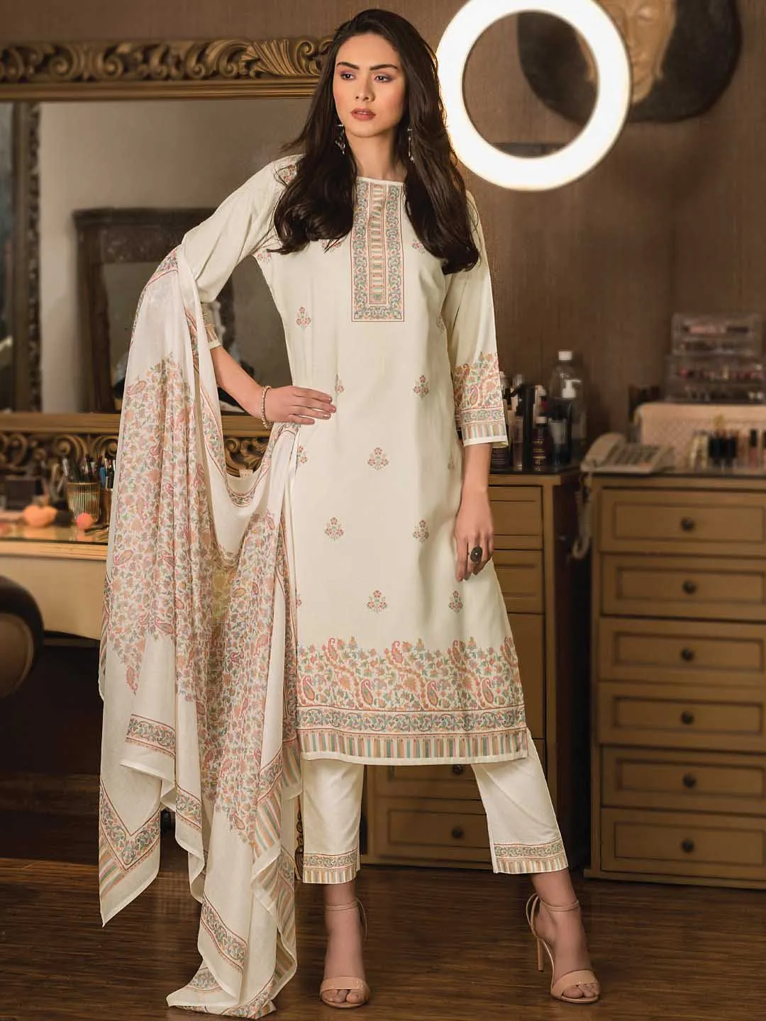 Woolen Unstitched Cream Winter Pashmina Printed Suits Materials