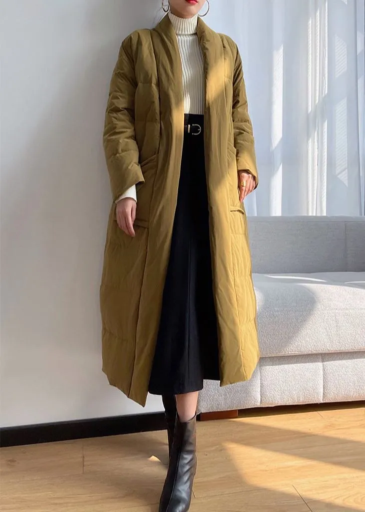 Yellow Shawl Collar Belted Wrap Long Down Puffer Coat