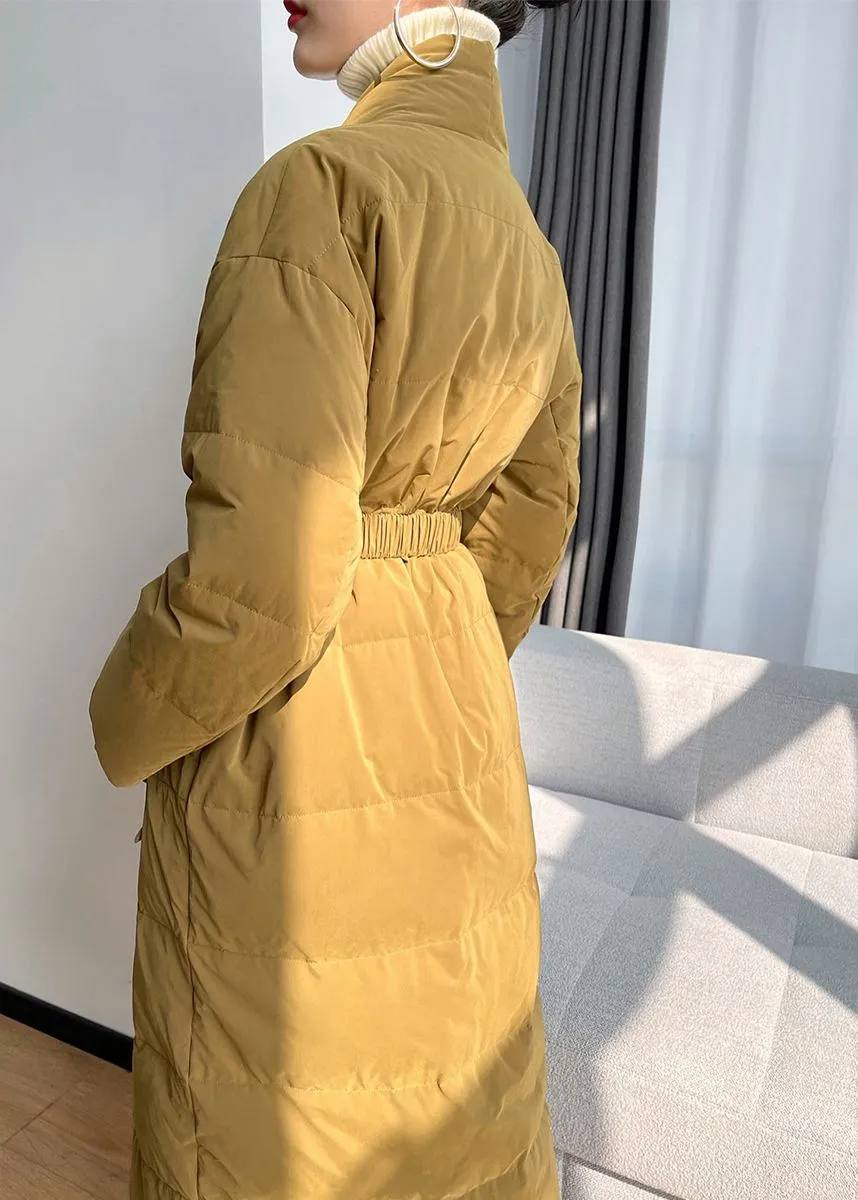 Yellow Shawl Collar Belted Wrap Long Down Puffer Coat