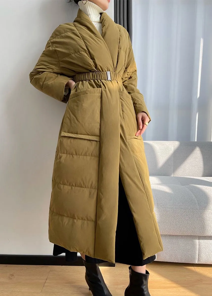 Yellow Shawl Collar Belted Wrap Long Down Puffer Coat