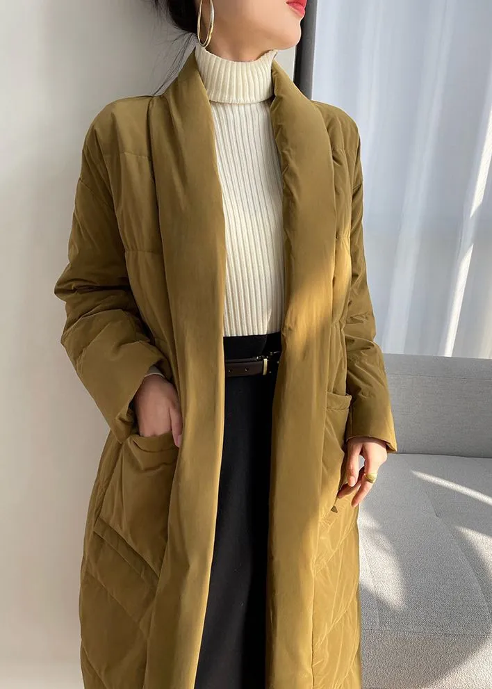 Yellow Shawl Collar Belted Wrap Long Down Puffer Coat