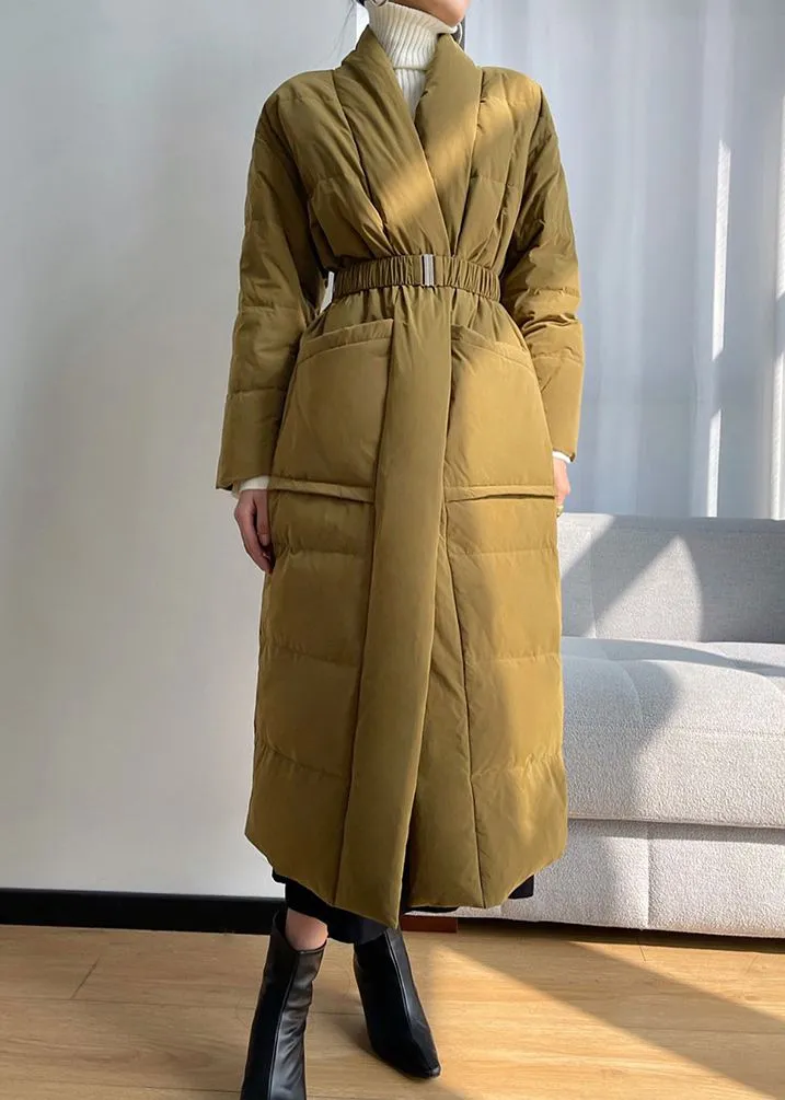 Yellow Shawl Collar Belted Wrap Long Down Puffer Coat