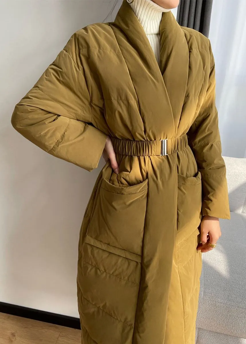 Yellow Shawl Collar Belted Wrap Long Down Puffer Coat